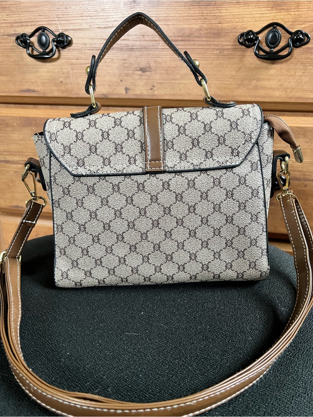 SHEIN Beige Patterned Top-Handle Satchel with Brown Trim - Picture 8 of 9